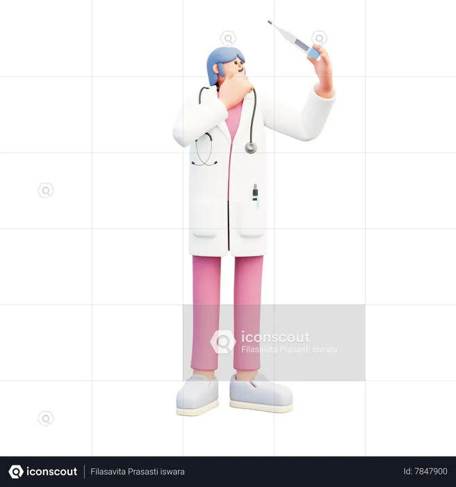 Femme Médecin Regardant Un Thermomètre Réflexion Profonde  3D Illustration