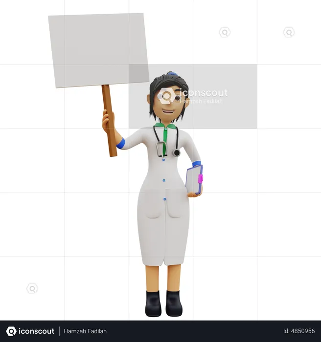 Femme médecin debout tout en tenant une pancarte  3D Illustration