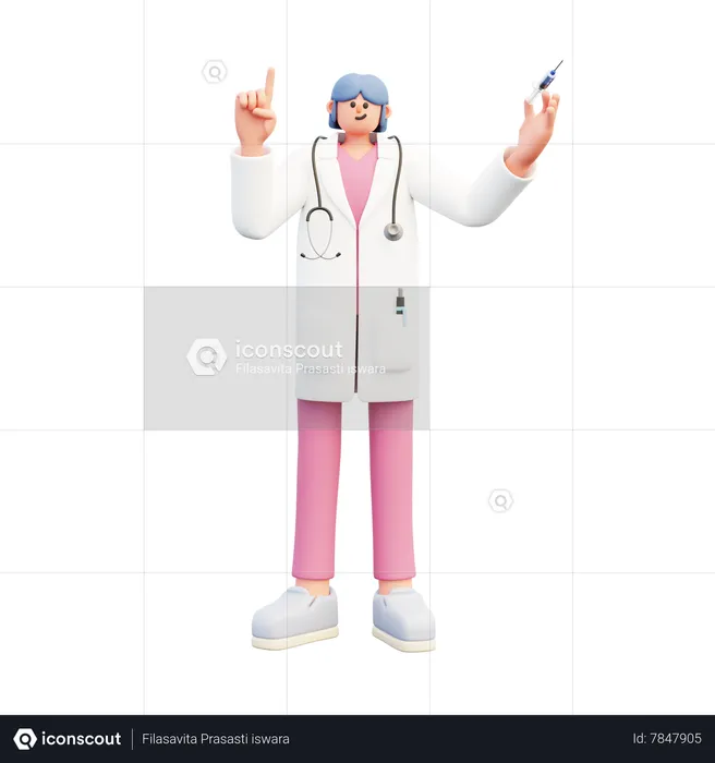 Femme médecin tenant une seringue et pointant vers le haut  3D Illustration