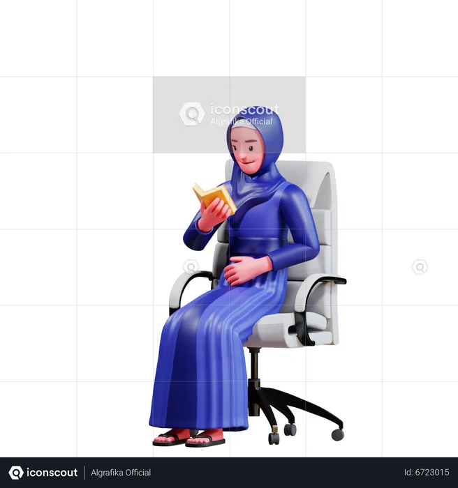 Femme musulmane assise sur une chaise en lisant le Coran  3D Illustration