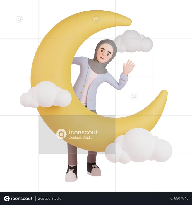 Femme musulmane debout à côté du croissant de lune pour accueillir le ramadan  3D Illustration