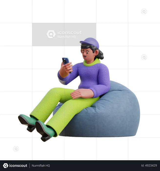 Regard féminin sur un smartphone assis sur un pouf  3D Icon