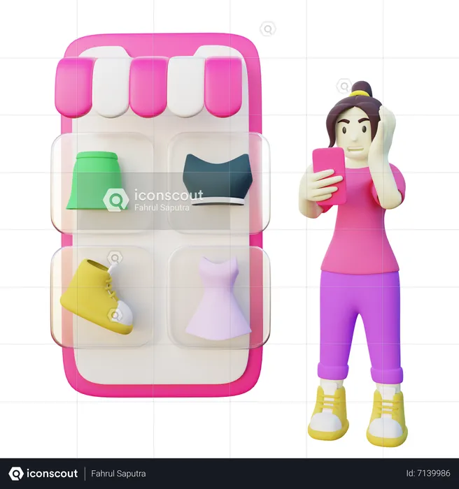 Femme faisant du shopping sur l'application en ligne  3D Illustration