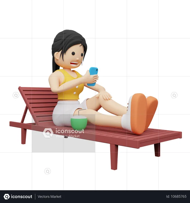 Femme en vacances à la plage surfant sur son mobile  3D Illustration