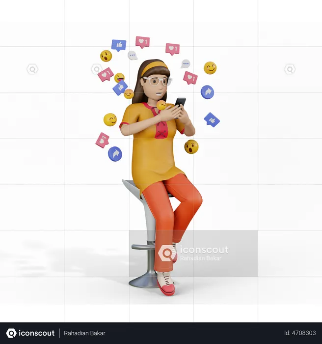 Femme surfant sur les applications de médias sociaux sur smartphone  3D Illustration