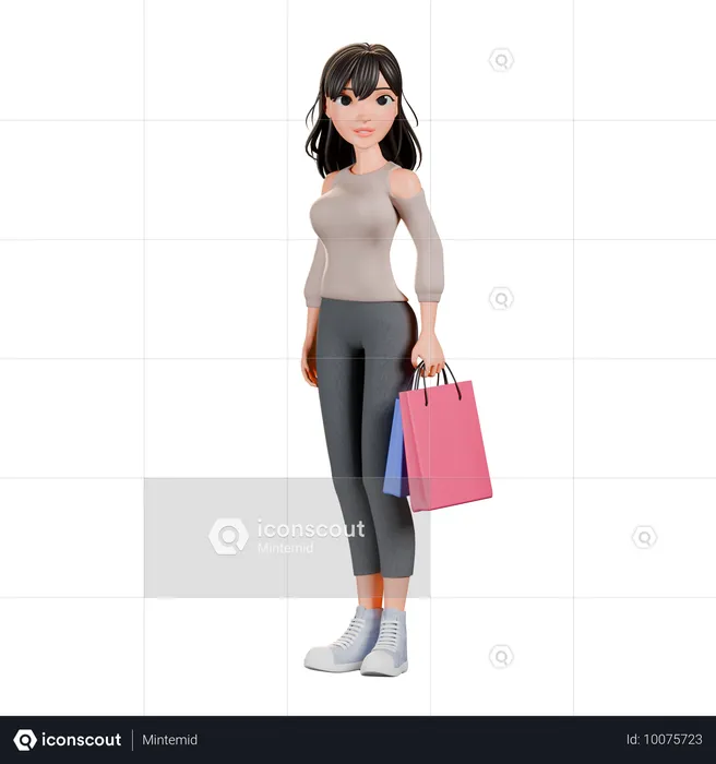 Fille accro au shopping debout avec un sac de courses  3D Illustration