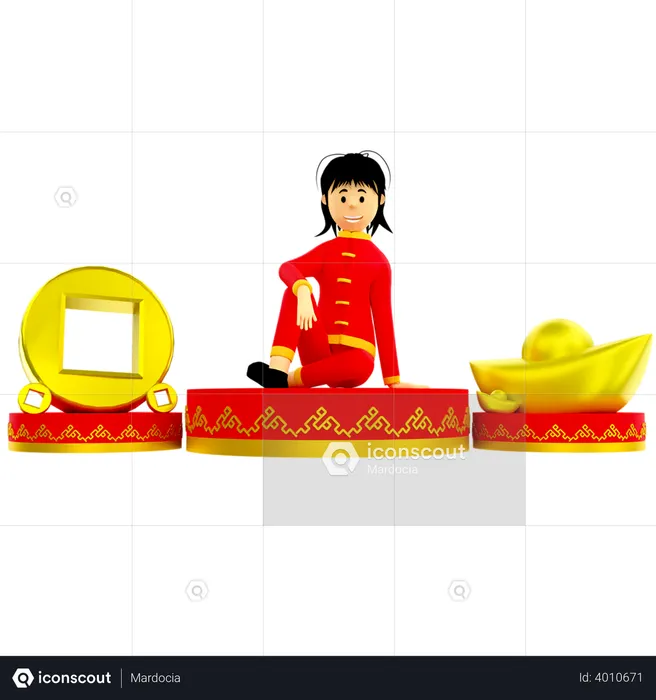 Fille assise avec une pièce d'or et un lingot  3D Illustration