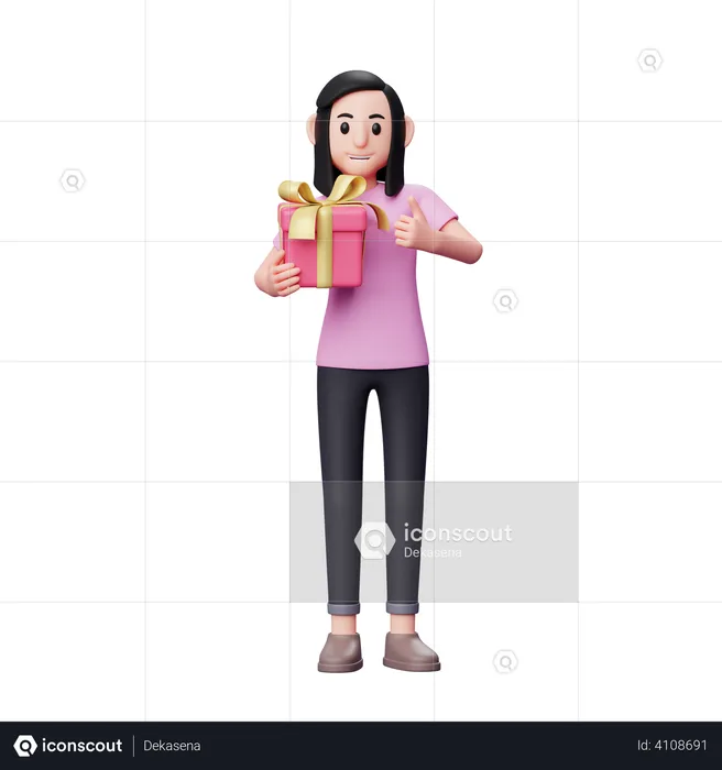 Fille embrassant le cadeau de la Saint-Valentin et donnant le pouce levé  3D Illustration