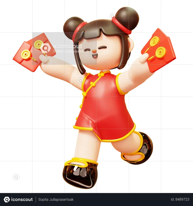 Fille chinoise avec Angpao  3D Illustration