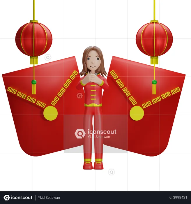 Fille chinoise célébrant le nouvel an chinois  3D Illustration