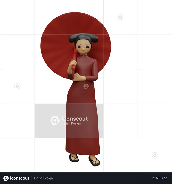 Fille chinoise donnant une pose debout avec un parapluie chinois  3D Illustration