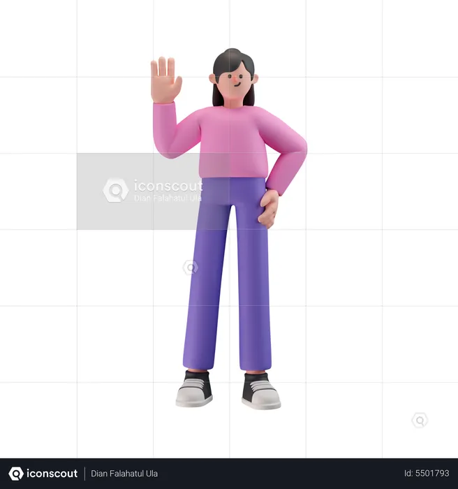 Fille en pose de marche et en agitant la main, dites bonjour  3D Illustration