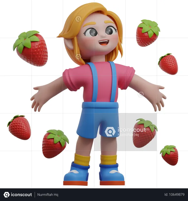 Fille entourée de fraises  3D Illustration