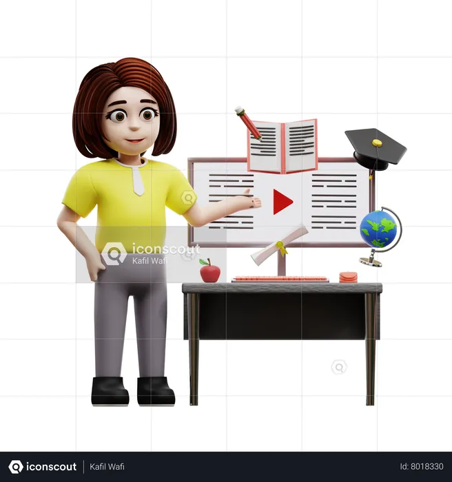 Fille étudiante étudiant en ligne  3D Illustration