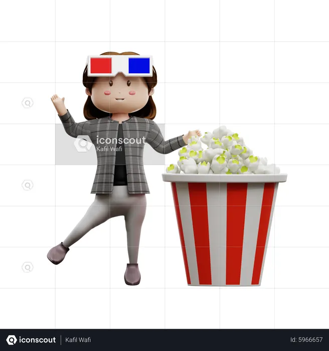 Fille heureuse, agitant la main avec du pop-corn  3D Illustration