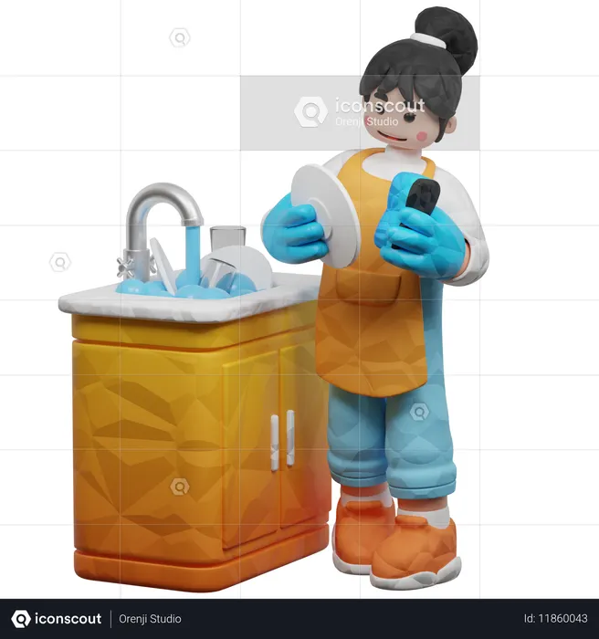 Fille faisant la vaisselle dans la cuisine  3D Icon