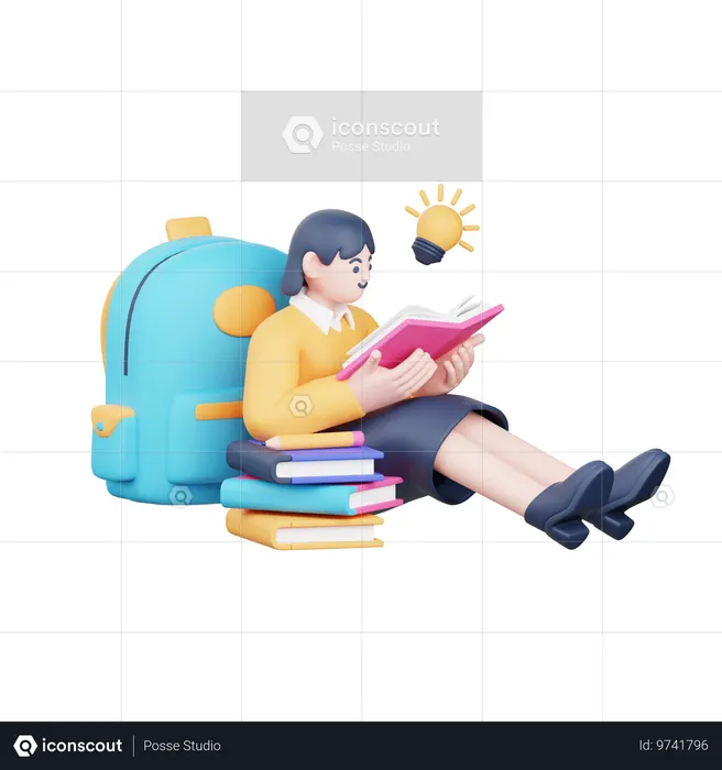 Fille lisant un livre  3D Illustration