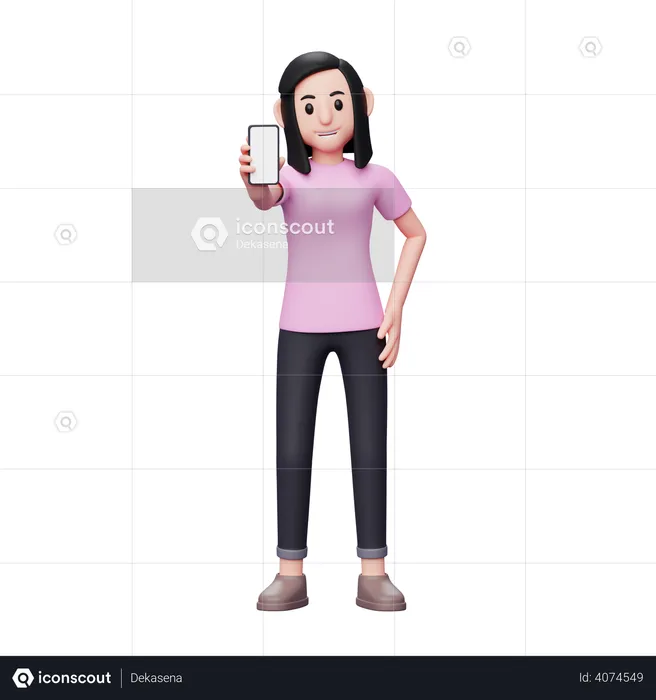 Fille montrant l'écran du téléphone  3D Illustration