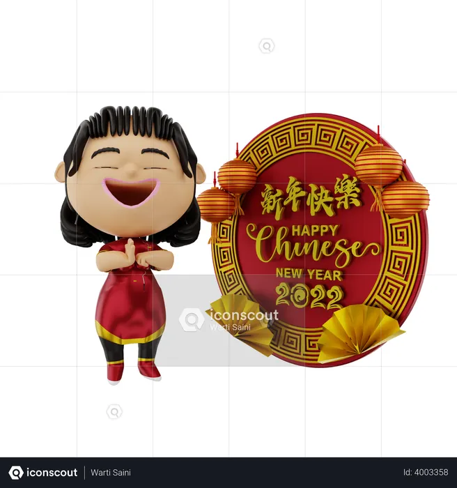 Fille priant pour le nouvel an chinois  3D Illustration