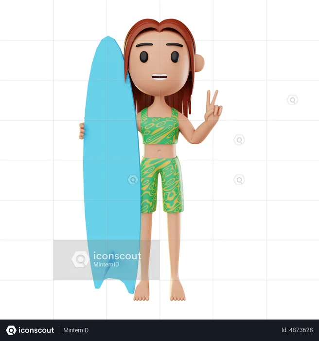 Fille relaxante sur la plage, jouant au surf  3D Illustration