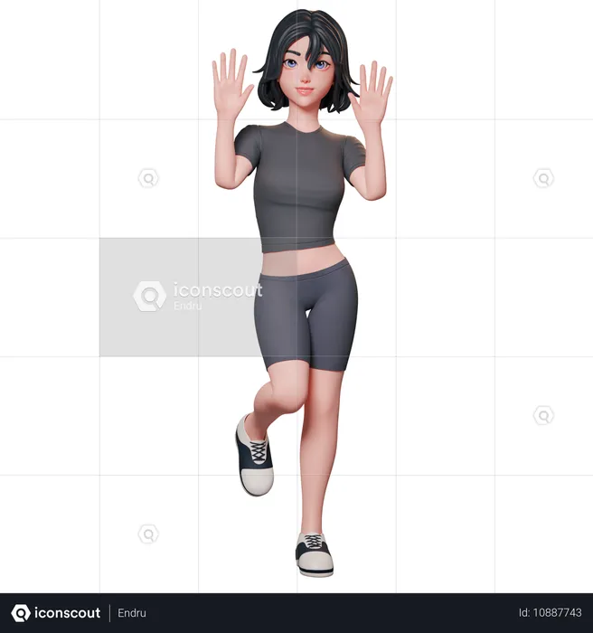 Une fille sportive en noir lève sa main et montre un geste de salutation en utilisant ses deux mains  3D Illustration