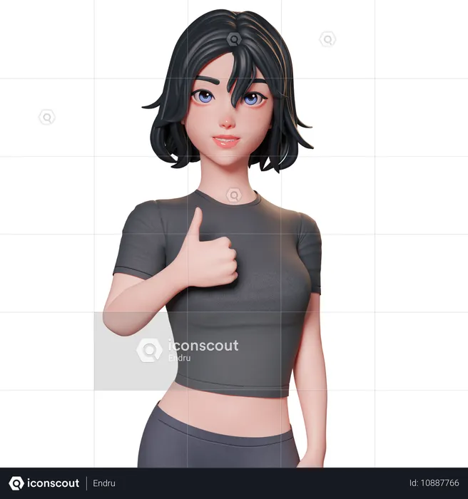 Fille sportive en noir montrant le pouce levé en utilisant sa main gauche  3D Illustration