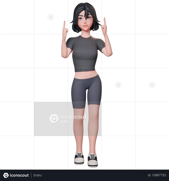 Fille sportive en noir pointant vers le haut avec ses deux mains  3D Illustration