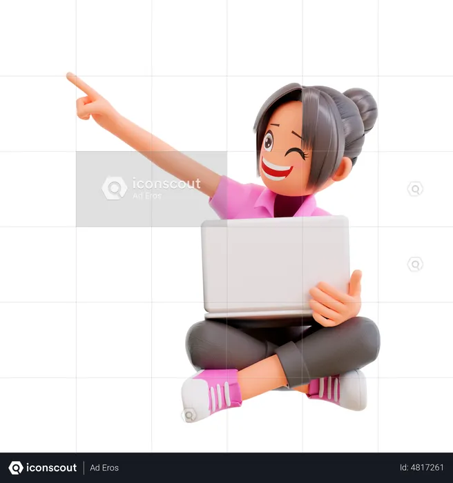 Une fille tient un ordinateur portable et pointe vers le haut  3D Illustration