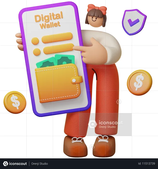 Fille tenant un téléphone portable avec connexion à un portefeuille numérique  3D Icon