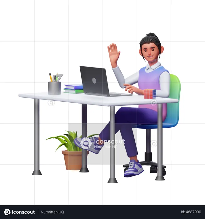 Fille travaillant au bureau  3D Illustration