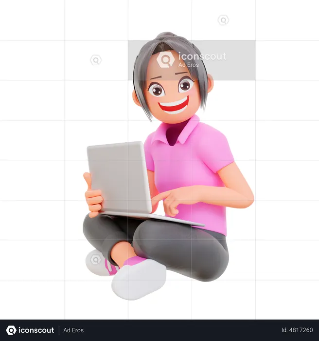 Fille travaillant sur un ordinateur portable  3D Illustration