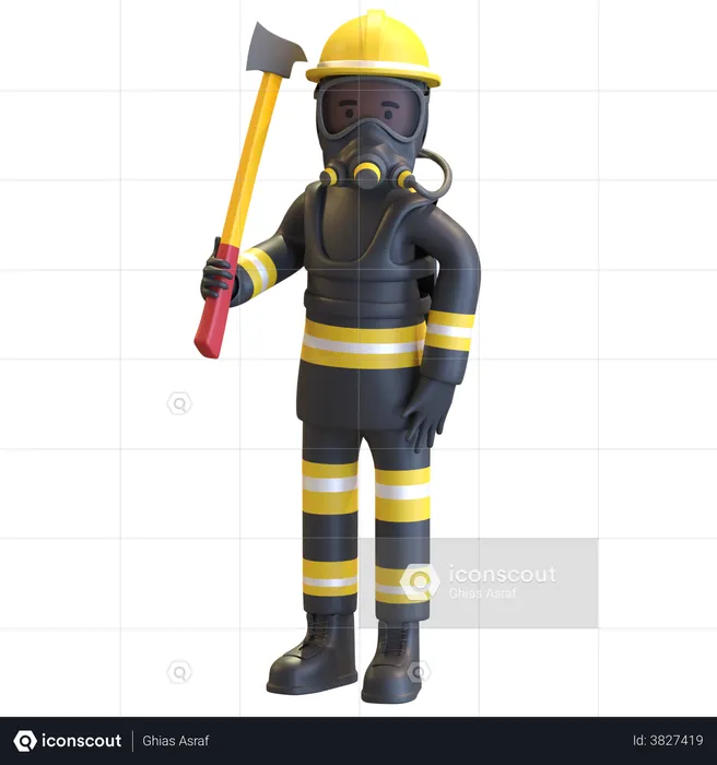 Firefighter full gear protection holding axe  3D Illustration