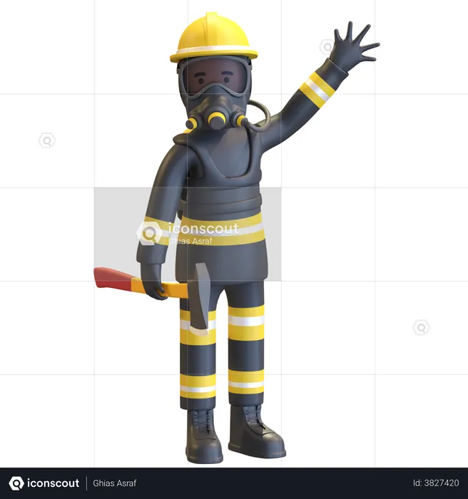 Firefighter full gear protection holding axe  3D Illustration