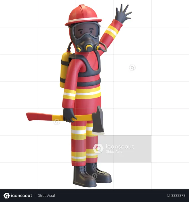 Firefighter full gear protection holding axe  3D Illustration