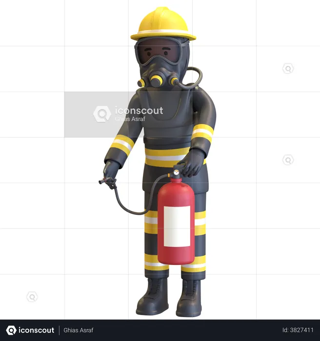 Firefighter full gear protection holding fire extinguisher  3D Illustration