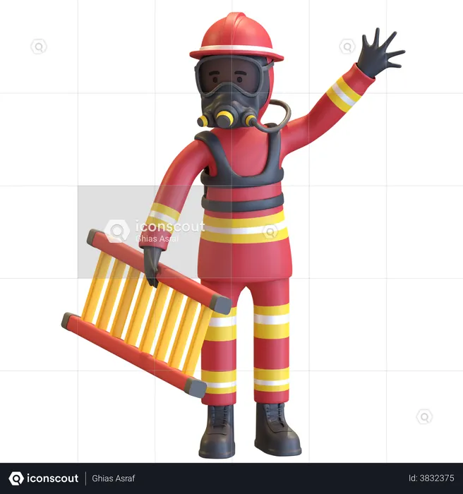 Firefighter full gear protection holding ladder staircase  3D Illustration