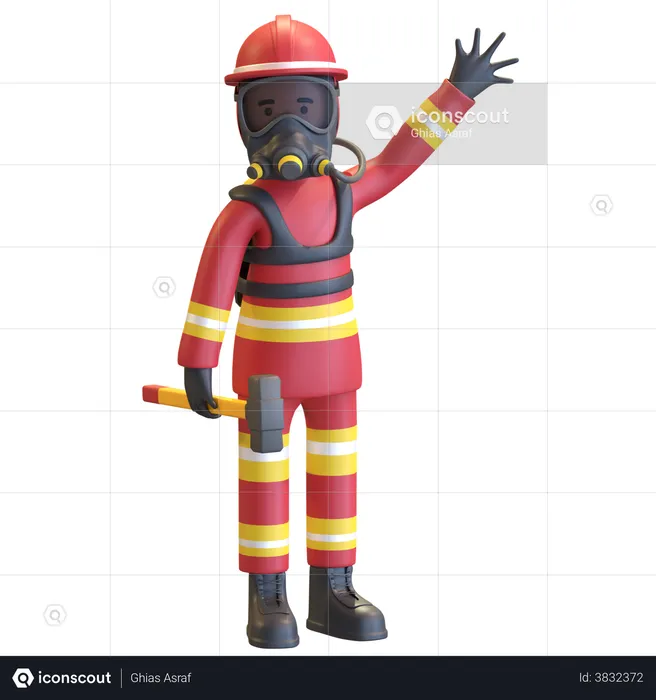 Firefighter full gear protection holding sledge hammer  3D Illustration