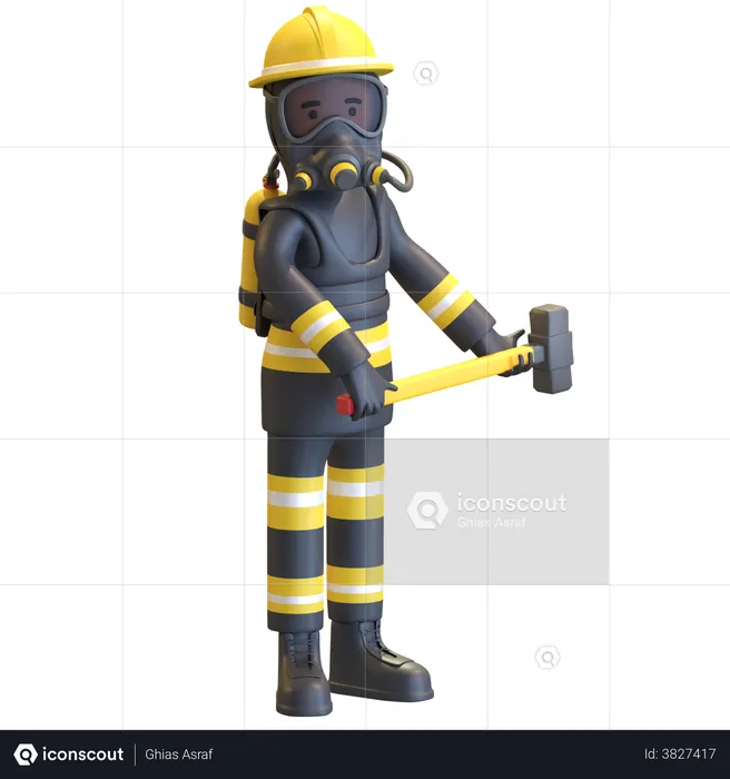 Firefighter full gear protection holding sledge hammer  3D Illustration