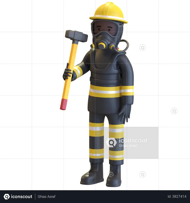 Firefighter full gear protection holding sledge hammer  3D Illustration