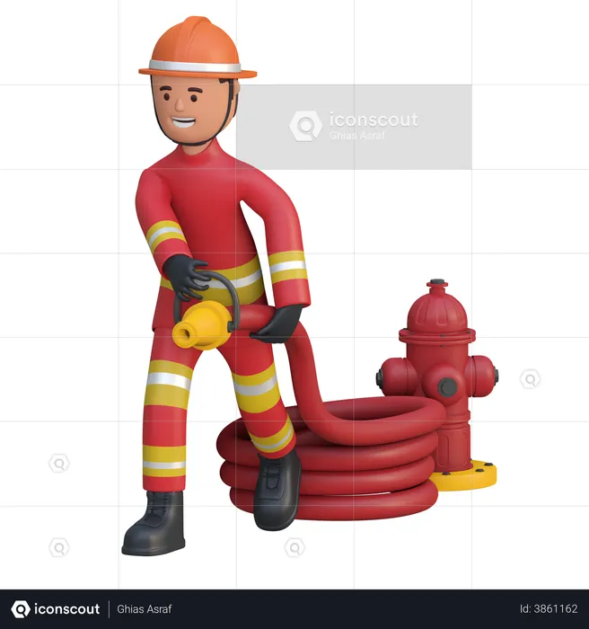 Firefighter holding water hose  3D Illustration