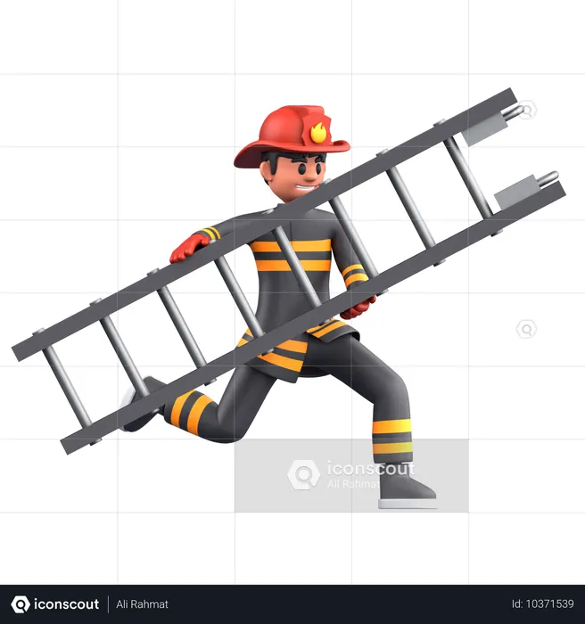 Firefighter Man Running With Ladder  3D Illustration