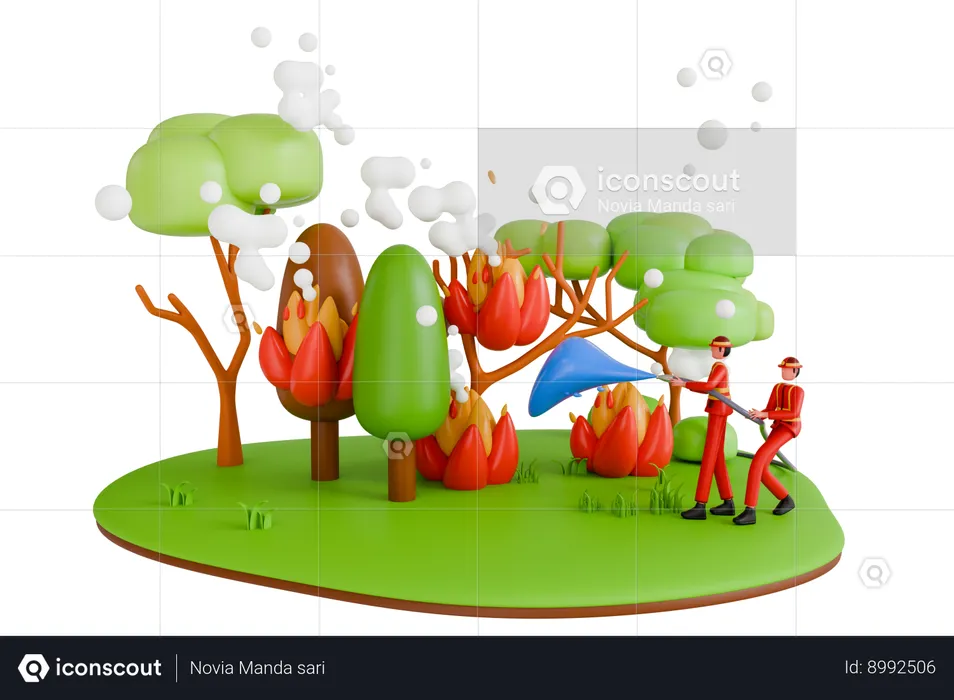 Firefighters Extinguishing Forest Fires  3D Illustration