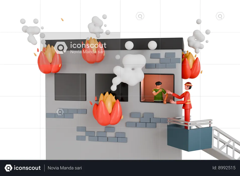 Fireman Rescuing Man Trapped In Burning House  3D Illustration