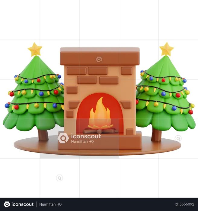 Fireplace And Christmas Pine Tree  3D Icon