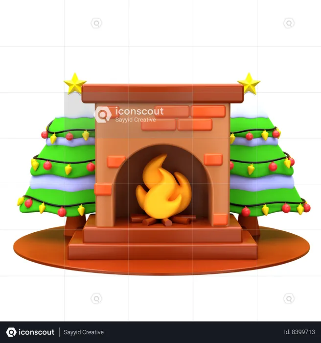 Fireplace And Christmas Pine Tree  3D Icon