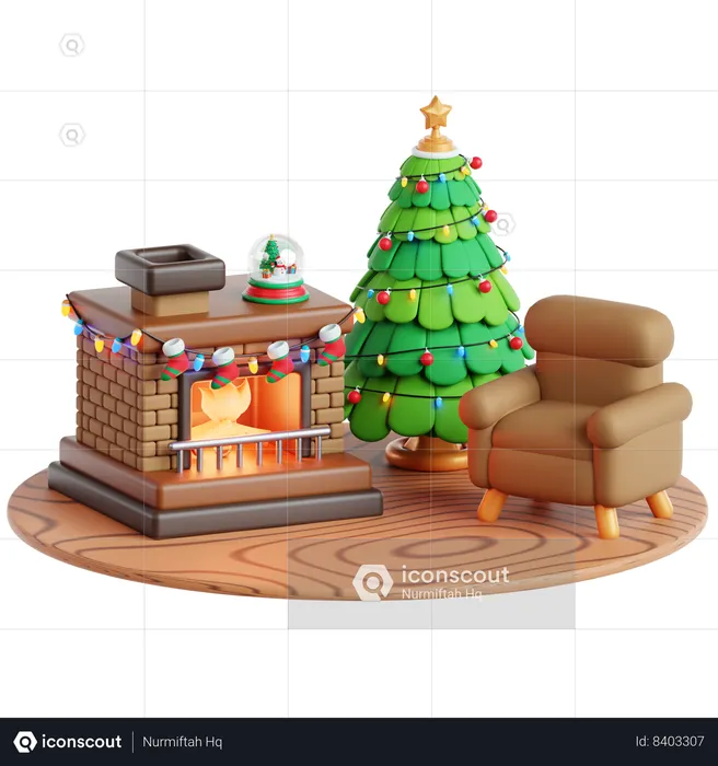 Fireplace, Sofa and Christmas Tree  3D Icon