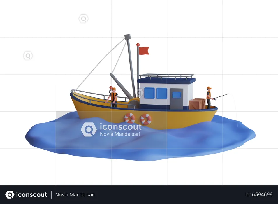 Fishermans in boat  3D Illustration