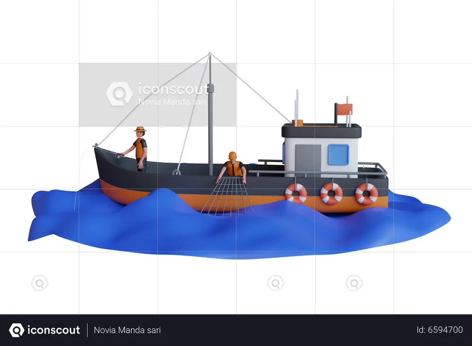 Fishing boat on water  3D Illustration