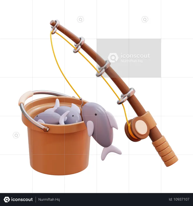 Fishing Rod And Bucket With Fish  3D Icon