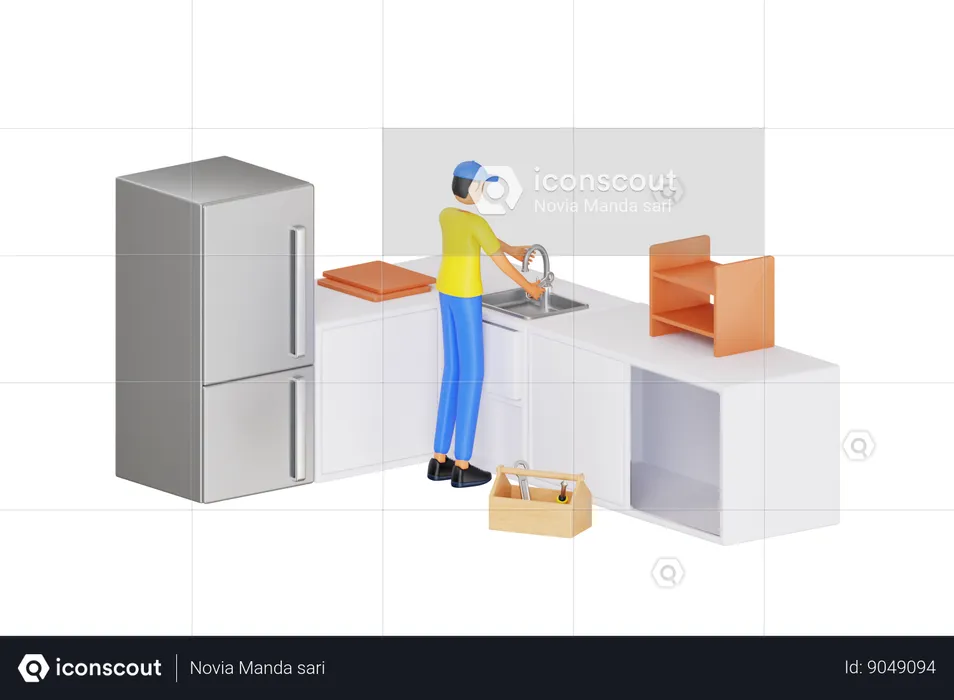 Fixing Leaking Kitchen Faucet  3D Illustration